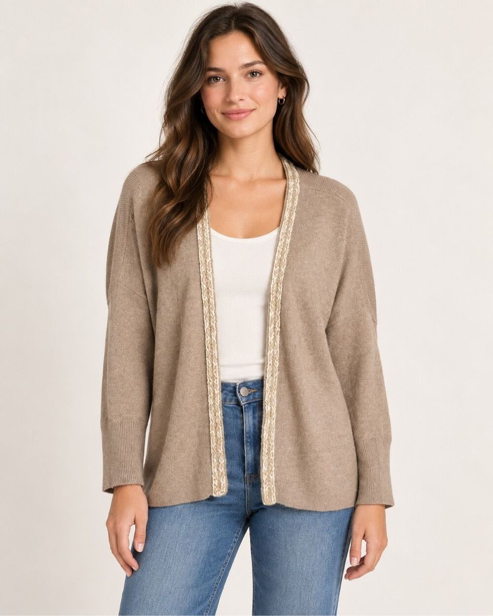 Anthropologie HWR 100% Cashmere Open Front Cardigan Taupe Braided Trim S